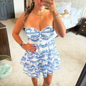 Strapless Blue White Embroidered Mini Dress Summer Resort Women’s M